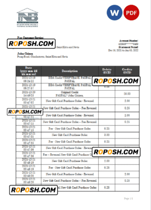 Saint Kitts and Nevis SKNA bank proof of address statement template in Word and PDF format