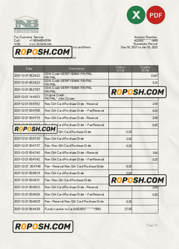 Saint Kitts and Nevis SKNA bank statement, Excel and PDF template