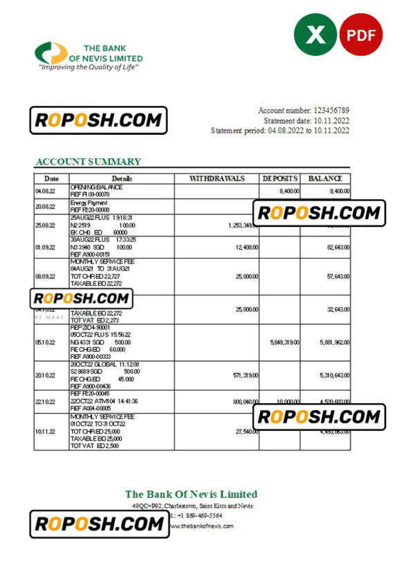 Saint Kitts and Nevis The Bank of Nevis bank statement, Excel and PDF template
