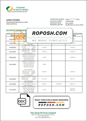 Saint Kitts and Nevis The Bank of Nevis bank proof of address statement template in Word and PDF format