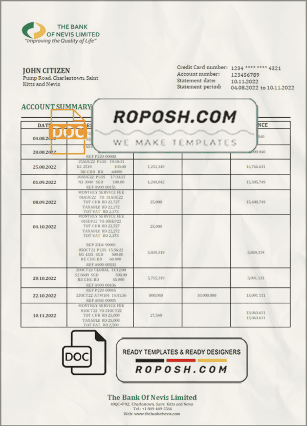 Saint Kitts and Nevis The Bank of Nevis bank proof of address statement template in Word and PDF format