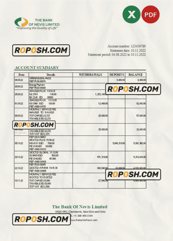 Saint Kitts and Nevis The Bank of Nevis bank statement, Excel and PDF template