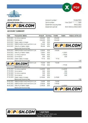 Saint Lucia Loyal bank statement, Excel and PDF template