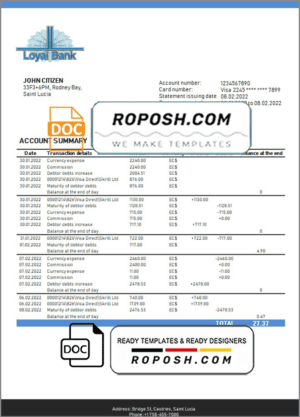 Saint Lucia Loyal Bank bank proof of address statement template in Word and PDF format