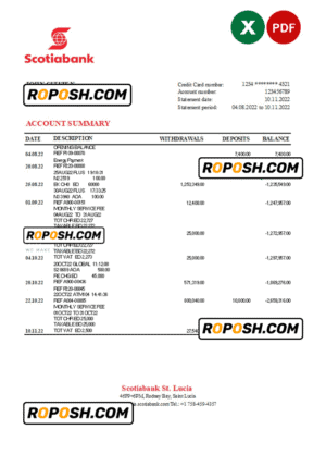 Saint Lucia Scotiabank bank statement, Excel and PDF template