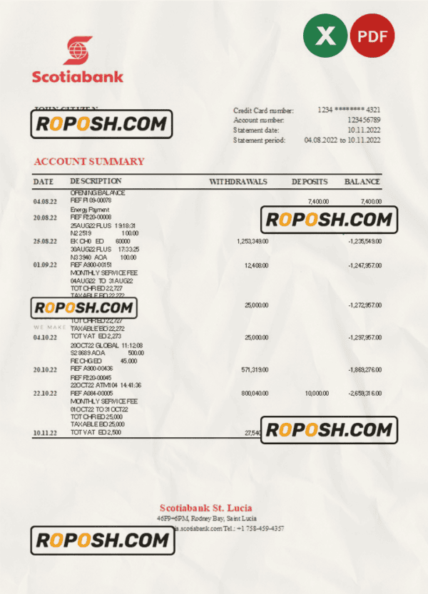Saint Lucia Scotiabank bank statement, Excel and PDF template