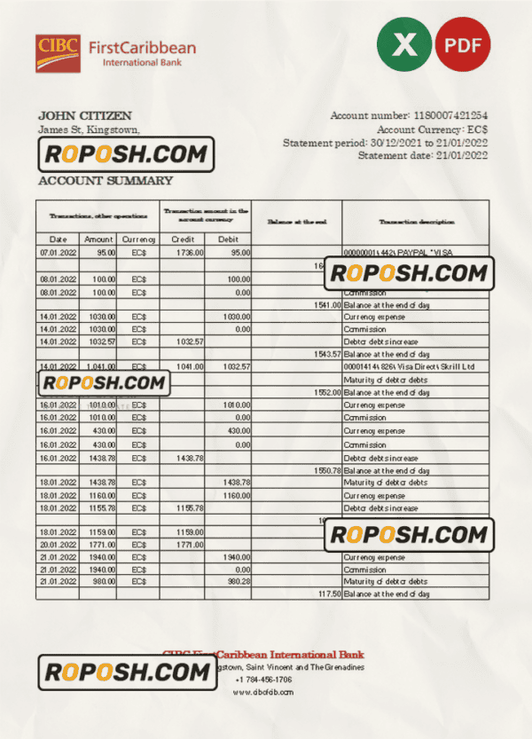 Saint Vincent and The Grenadines First Caribbean International bank statement, Excel and PDF template, version 2
