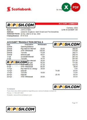 Saint Vincent and The Grenadines Scotiabank bank statement, Excel and PDF template