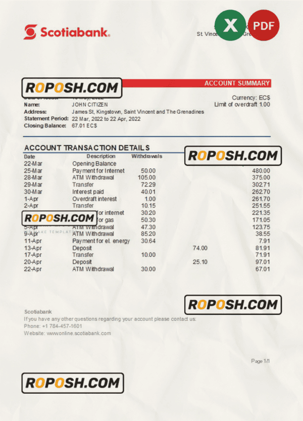 Saint Vincent and The Grenadines Scotiabank bank statement, Excel and PDF template
