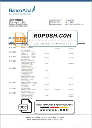 Salvador Banco Azul bank statement template in Word and PDF format