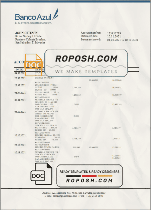 Salvador Banco Azul bank statement template in Word and PDF format