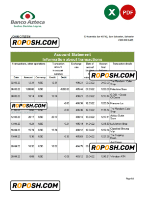 Salvador Banco Azteca bank statement, Excel and PDF template