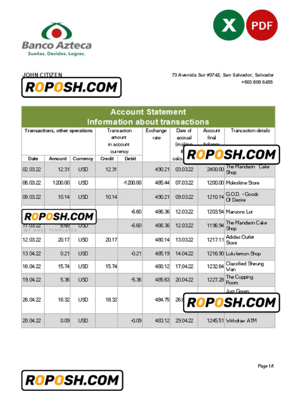 Salvador Banco Azteca bank statement, Excel and PDF template