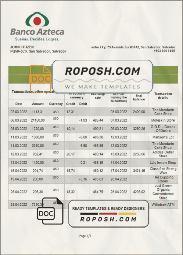 South Africa Discovery bank statement template in Word and PDF format