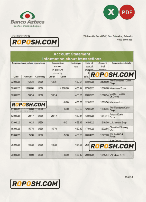 Salvador Banco Azteca bank statement, Excel and PDF template