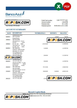 Salvador Banco Azul bank statement Excel and PDF template