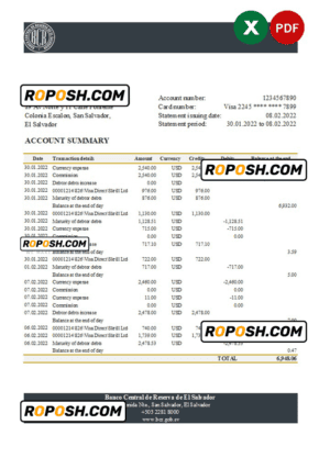 Salvador Banco Central de Reserva of El Salvador bank statement Excel and PDF template