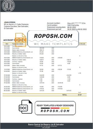 Salvador Banco Central de Reserva de El Salvador bank statement template in Word and PDF format