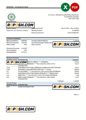 Salvador Bandesal bank statement, Excel and PDF template