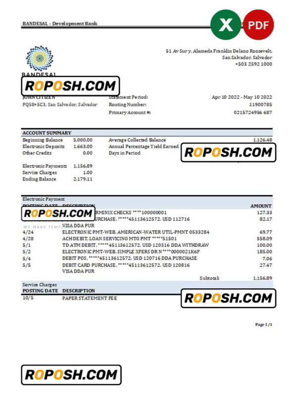 Salvador Bandesal bank statement, Excel and PDF template
