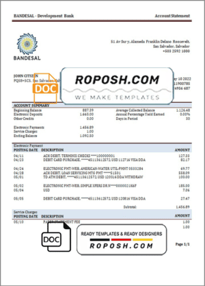 Salvador Bandesal bank statement template in Word and PDF format