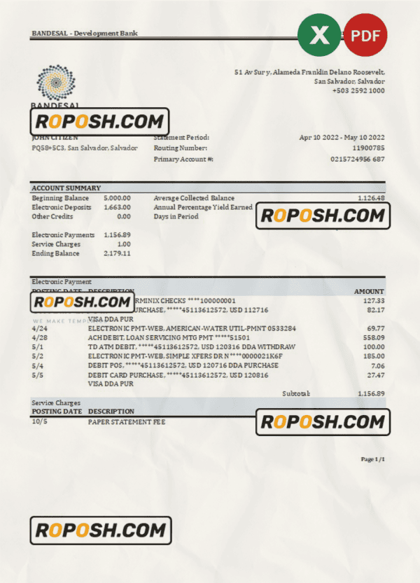 Salvador Bandesal bank statement, Excel and PDF template