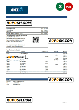 Samoa ANZ bank statement, Excel and PDF template