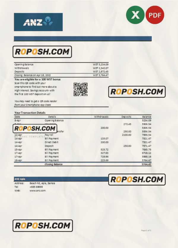 Samoa ANZ bank statement, Excel and PDF template