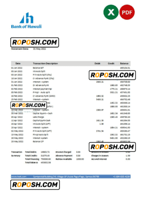 Samoa Bank of Hawaii bank statement, Excel and PDF template