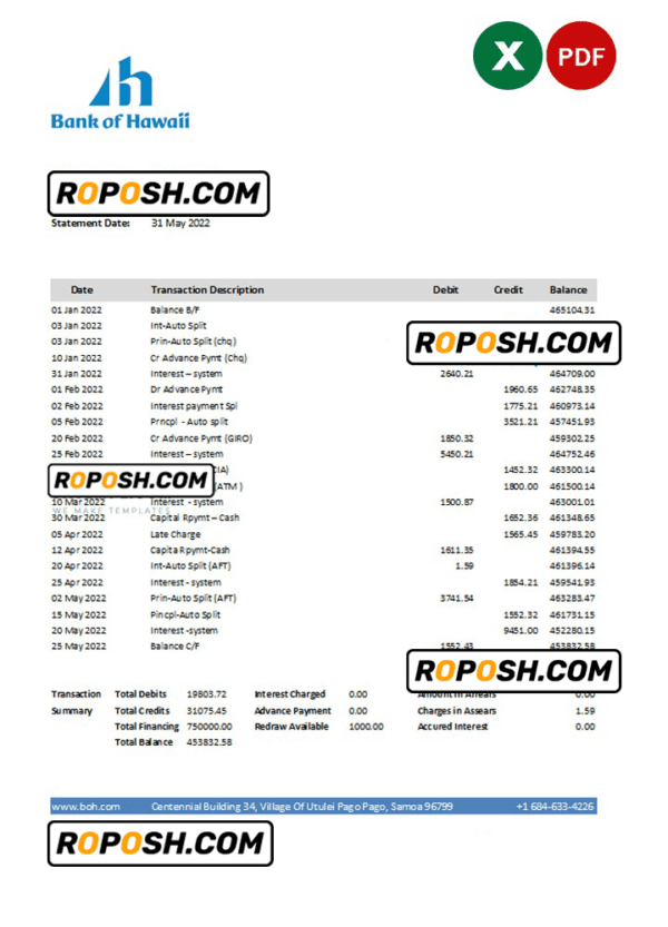 Samoa Bank of Hawaii bank statement, Excel and PDF template