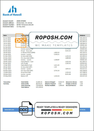 Samoa Bank of Hawaii bank proof of address statement template in Word and PDF format