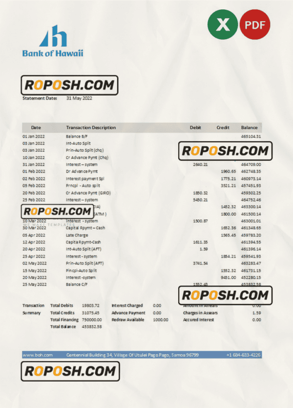 Samoa Bank of Hawaii bank statement, Excel and PDF template