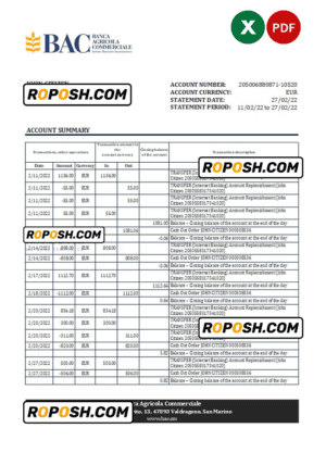 San Marino Banca Agricole Commerciale bank statement, Excel and PDF template