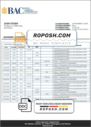 San Marino Banca Agricole Commerciale bank statement template in Word and PDF format