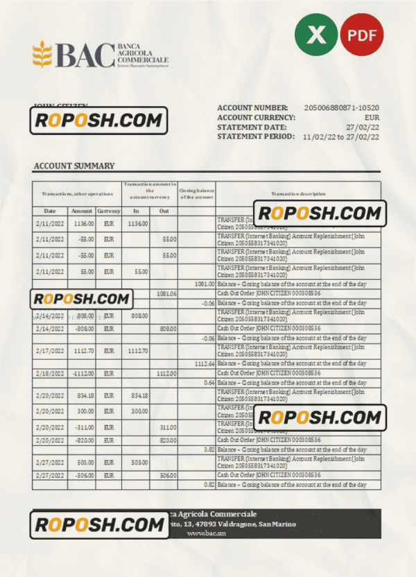 San Marino Banca Agricole Commerciale bank statement, Excel and PDF template