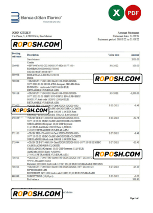 San Marino Banca di San Marino bank statement, Excel and PDF template