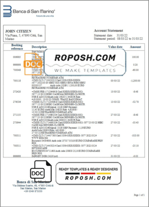San Marino Banca di San Marino bank statement template in Word and PDF format