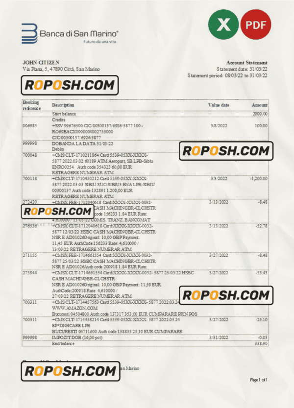 San Marino Banca di San Marino bank statement, Excel and PDF template