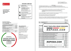 Spain Santander credit card statement template, Excel and PDF format (.xls and .pdf), 2 pages