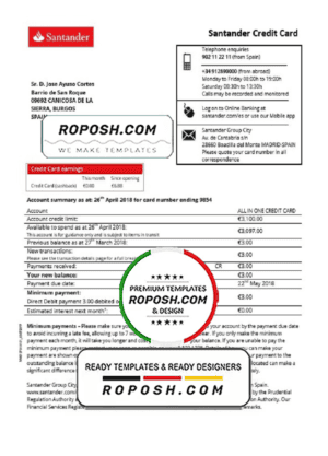 Spain Santander credit card proof of address bank statement in Word and PDF format