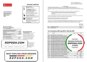 Spain Santander credit card statement template, Word and PDF format (.doc and .pdf), 2 pages