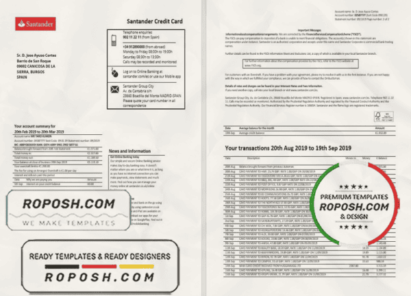 Spain Santander credit card statement template, Word and PDF format (.doc and .pdf), 2 pages