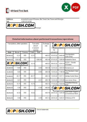 Sao Tome and Principe Afriland First bank statement, Excel and PDF template