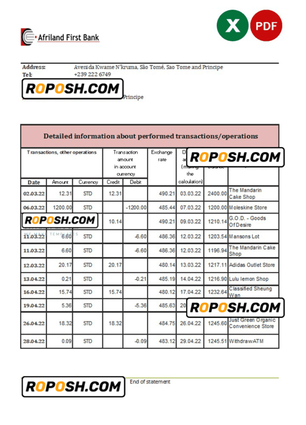 Sao Tome and Principe Afriland First bank statement, Excel and PDF template