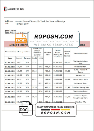 Sao Tome and Principe Afriland First Bank bank statement template in Word and PDF format