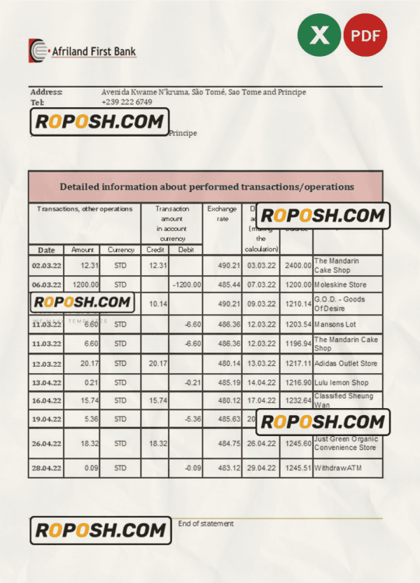 Sao Tome and Principe Afriland First bank statement, Excel and PDF template