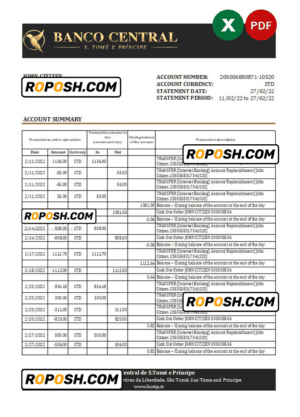 Sao Tome and Principe Banco Central de S.Tome e Principe bank statement, Excel and PDF template