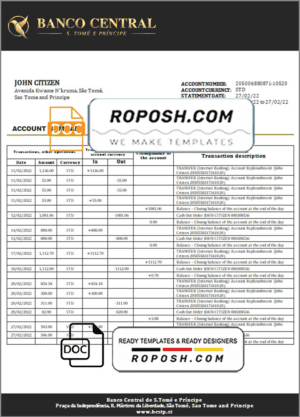 Sao Tome and Principe Banco Central de S.Tome e Principe bank statement template in Word and PDF format