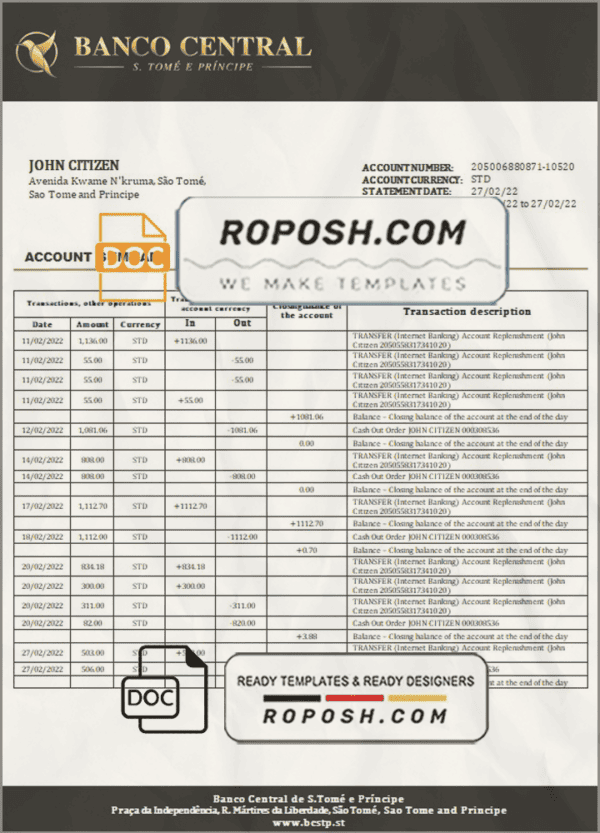 Sao Tome and Principe Banco Central de S.Tome e Principe bank statement template in Word and PDF format