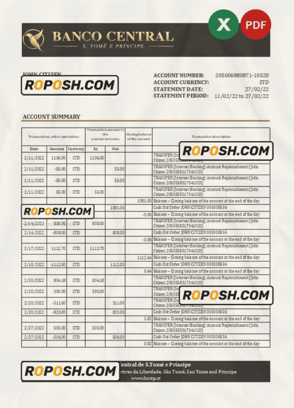 Sao Tome and Principe Banco Central de S.Tome e Principe bank statement, Excel and PDF template